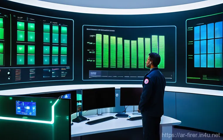 소방설비기사와 관련된 최신 기술 동향 - **Prompt:** A futuristic, high-tech fire safety control center bathed in a cool blue and green light...