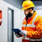 소방설비기사 하루 일과 - A professional fire safety technician in a modern commercial building, inspecting advanced smoke det...