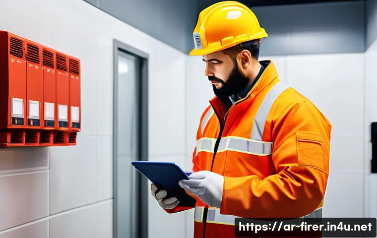 소방설비기사 하루 일과 - A professional fire safety technician in a modern commercial building, inspecting advanced smoke det...