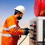 소방설비기사 주요 현장 문제 해결 사례 - A detailed scene of a Middle Eastern fire safety engineer conducting preventive maintenance on firef...