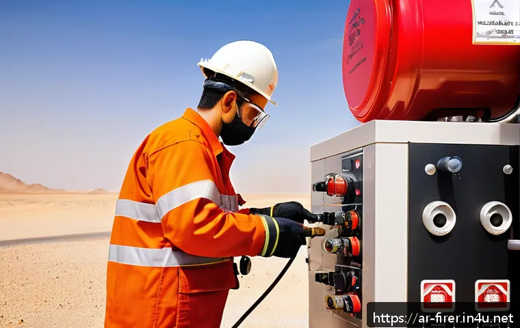 소방설비기사 주요 현장 문제 해결 사례 - A detailed scene of a Middle Eastern fire safety engineer conducting preventive maintenance on firef...