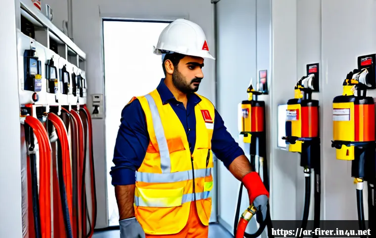 소방설비기사 실무에서의 효율적인 장비 사용 - Photorealistic fire safety engineer in a clean modern commercial building utility room, Arab profess...