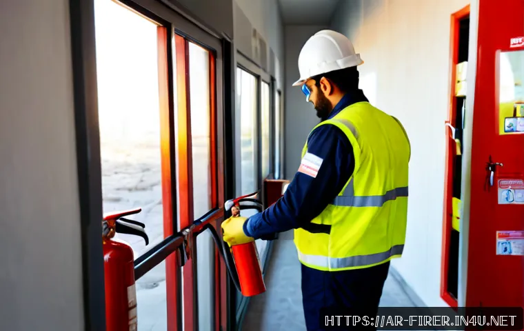 소방설비기사 현장에서의 안전 관리 - Photorealistic fire safety engineer at an active construction site in a modern Middle Eastern city, ...